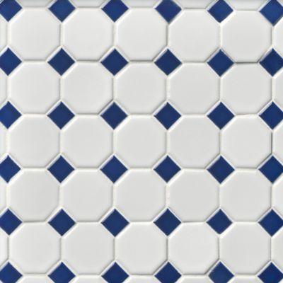 Octagon Matte White with Cobalt Porcelain Mosaic Wall and Floor Tile - 2.25 x 2.25 in.