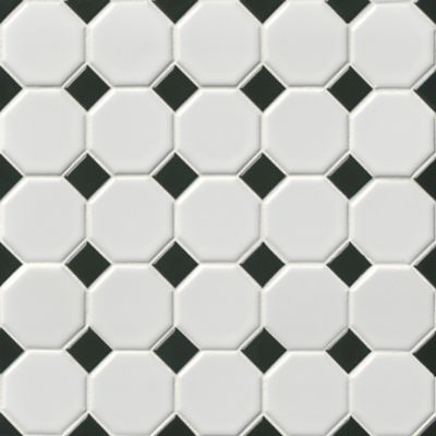 Octagon Matte White with Black Porcelain Mosaic Wall and Floor Tile - 2.25 x 2.25 in.