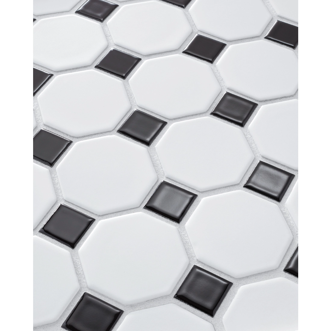 Octagon Matte White with Black Porcelain Mosaic Wall and Floor Tile - 2.25 x 2.25 in. Octagon Matte White with Black Porcelain Mosaic Wall and Floor Tile - 2.25 x 2.25 in.
