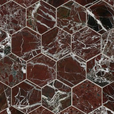 Rosso Marquina Polished Marble Hex Wall and Floor Tile - 5 in.