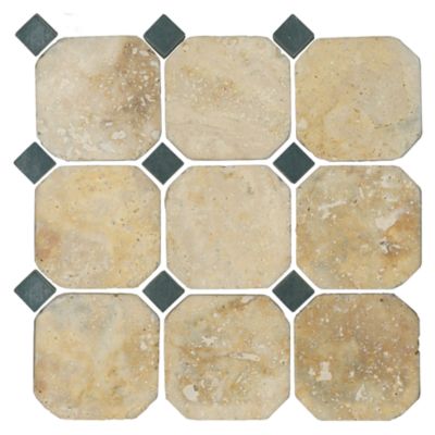 Baxter Octagon Dot Tumbled Travertine Mosaic Wall and Floor Tile - 12 x 12 in.