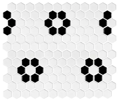 Hex Matte White with Black Flower Porcelain Mosaic Wall and Floor