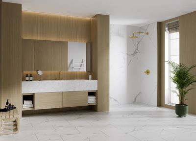 Statuario Nuovo Polished Porcelain Shower Kit - 30 x 94 + 32 x 94 in.